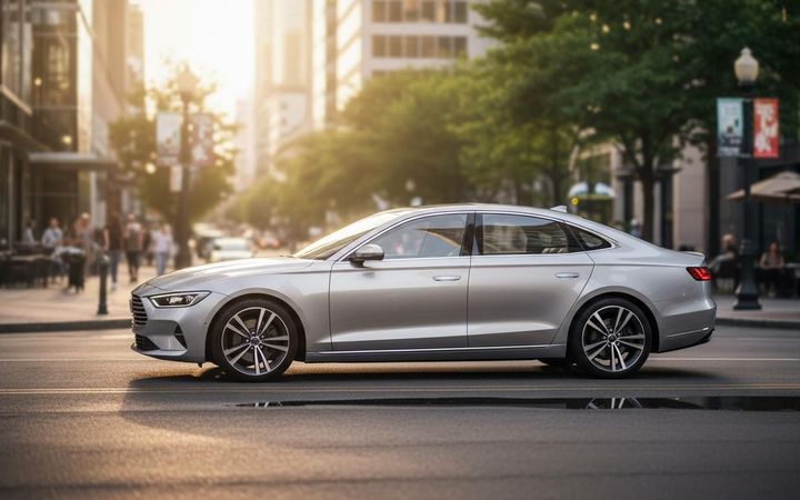 Carro sedã prata estacionado em rua arborizada