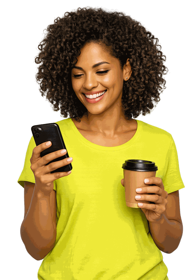 Cliente sorridente planejando a compra pelo celular