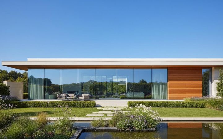 Mulher em casa moderna com jardim, representando o consórcio de imóvel
