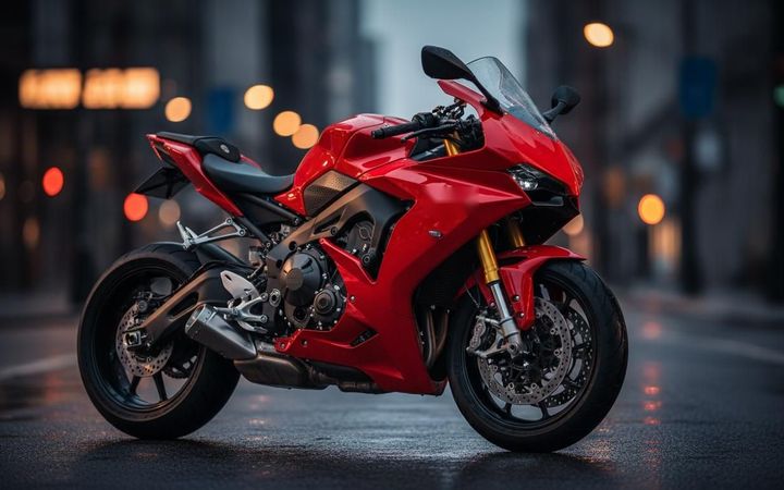 Moto esportiva vermelha estacionada na cidade